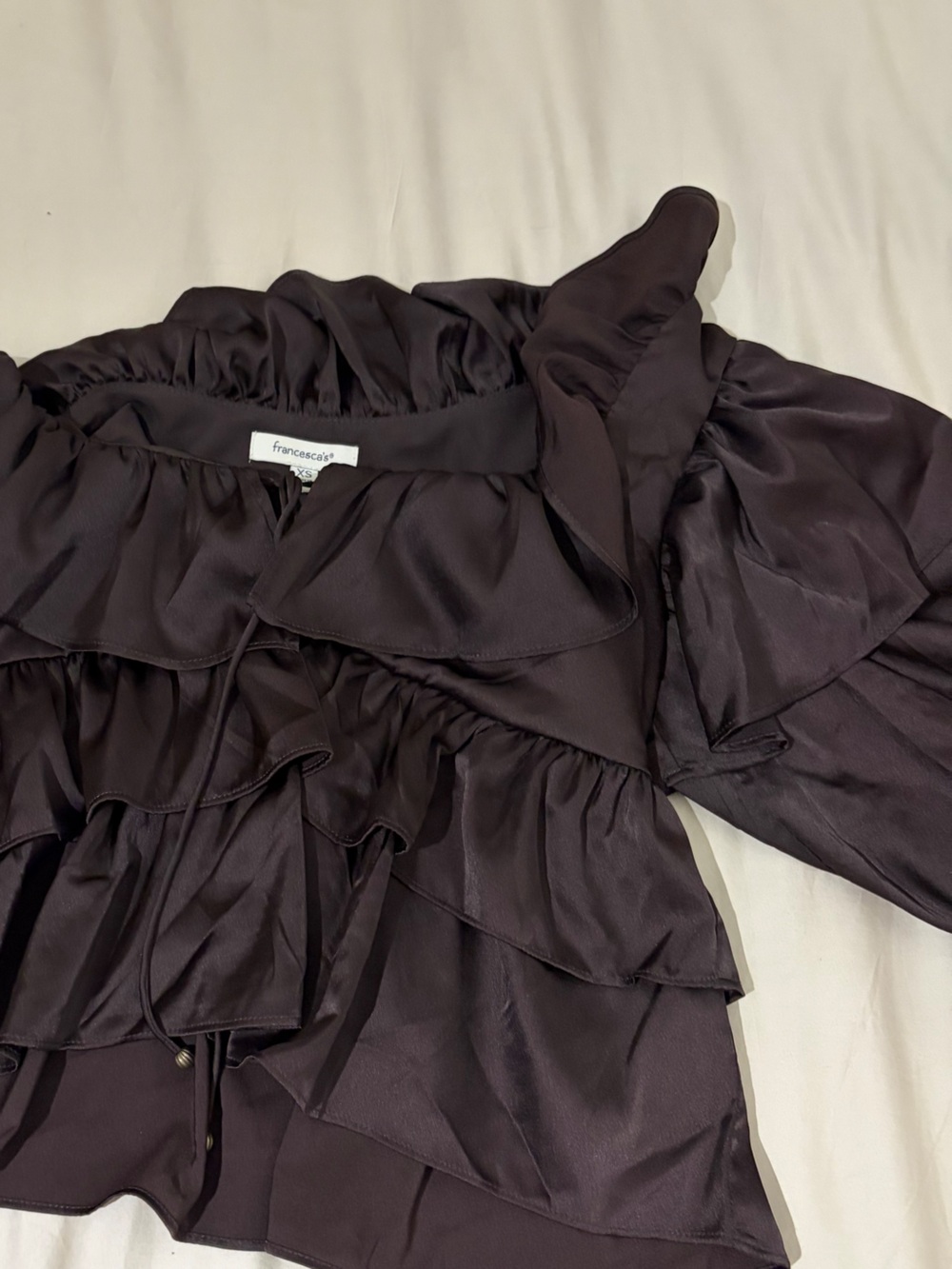 Francesca's Ruffled Satin Blouse in Mocha